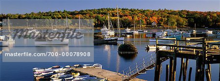 Boats in Harbor in Autumn New Harbor, Maine, USA