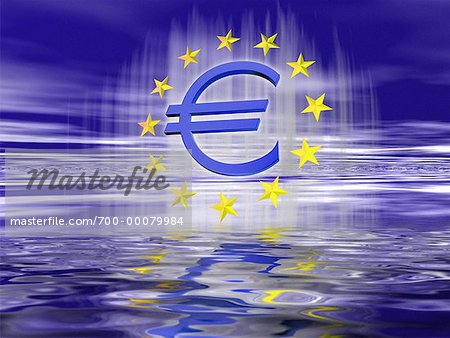 Euro Symbol and Stars with Reflections on Water