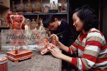 Woman Painting Wooden Icon with Son Watching Lukang, Taiwan