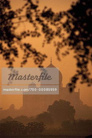 Silhouette of Taj Mahal in Haze At Sunset Agra, India