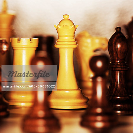 Close-Up of Chess Pieces on Board