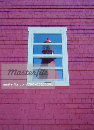 La Marte Lighthouse Reflected in Window La Martre, Gaspe Peninsula Quebec, Canada