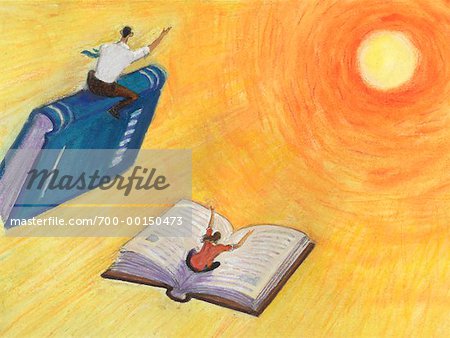 Illustration of People Flying on Books Toward Sun