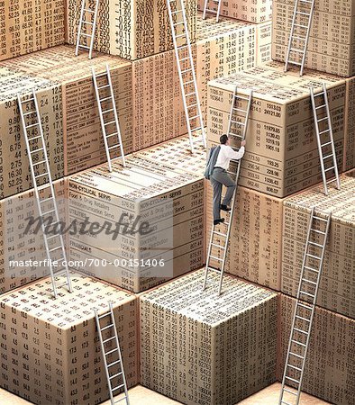 Man Climbing Blocks Made From Financial Pages