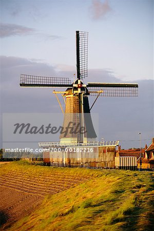 Windmill and Small Town Netherlands