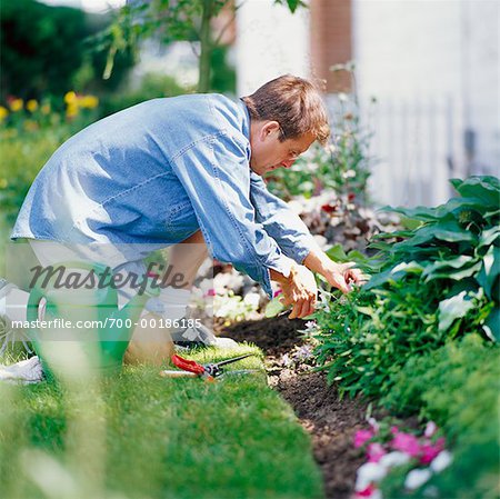 Homme travaillant dans le lit de la fleur