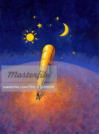 Illustration d'un homme regardant à travers un grand télescope
