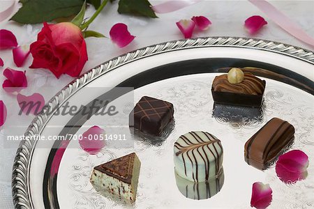 Chocolates and Rose Petals on Silver Tray