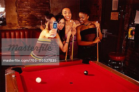 Women Playing Pool, Taking Picture with Camera Phone