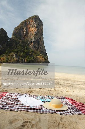 Hat On Beach Towel, Railay Beach, Krabi, Thailand