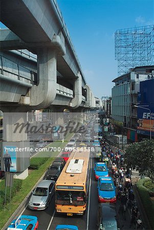 Traffic and the BTS Skytrain Rails, Bangkok, Thailand