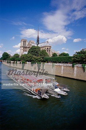 Bateau de tour sur la Seine, la cathédrale Notre-Dame à l'arrière-plan, Paris, France