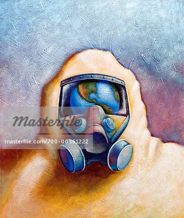 Illustration de la personne portant le masque à gaz avec la réflexion de la terre