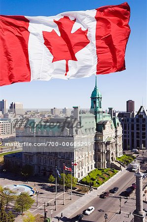 Canadian Flag and Hotel de Ville, Montreal, Quebec, Canada