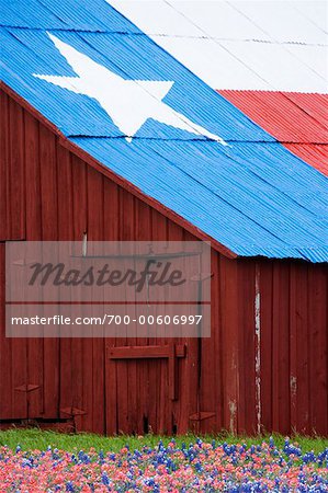Grange avec Texas drapeau peint sur le toit, Eddy, Texas, USA