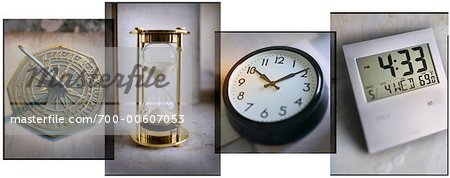 Sundial, Hourglass, Analog Clock, Digital Clock