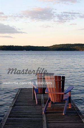 Adirondack Chairs on Dock, Lake Rosseau, Muskoka, Ontario, Canada