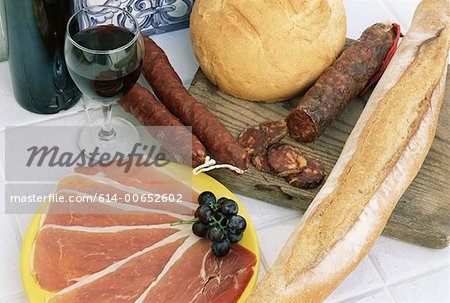 Cold meats with bread and wine