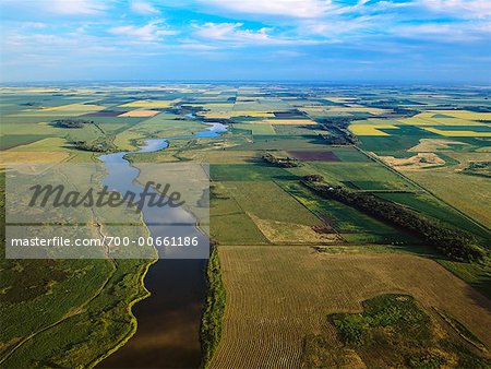 Vue aérienne des terres agricoles, lac Manitoba, Manitoba, Canada