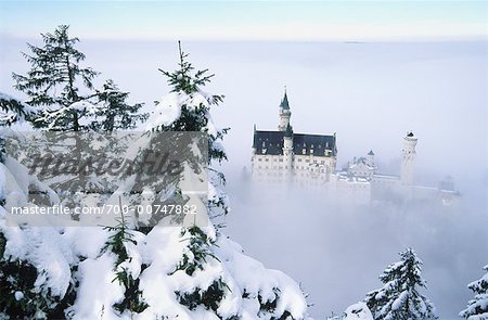 Château de Neuschwanstein, brouillard, Bavière, Allemagne