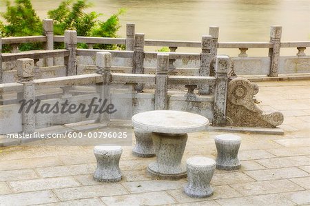 Stone Table and Chairs Near Li Jiang River, Yangshuo, Guangxi Province, China