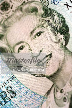Picture of Queen Elizabeth on British bank note, close-up