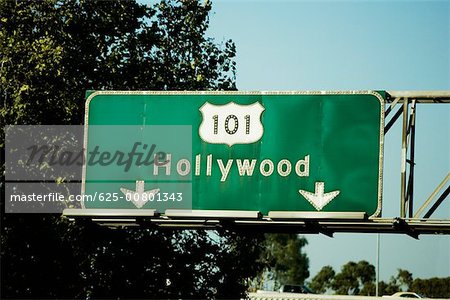 Low angle view of highway signs to Hollywood, Los Angeles, California, USA