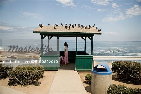 Profil de côté d'une jeune fille debout dans un kiosque de jardin sur un front de mer, La Jolla, San Diego, Californie, USA