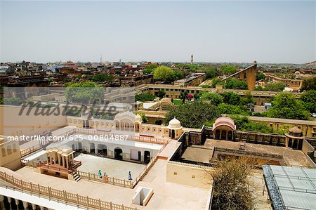 High angle view of the Chandra Mahal and Jantar Mantar observatory, Jaipur, Rajasthan, India