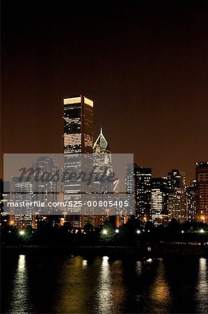 Buildings lit up at night, Chicago, Illinois, USA