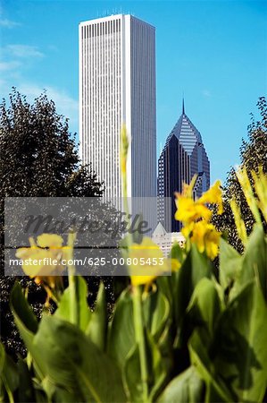 Flachwinkelansicht eines Gebäudes in einer Stadt, Two Prudential Plaza, Aon Center, Chicago, Illinois, USA