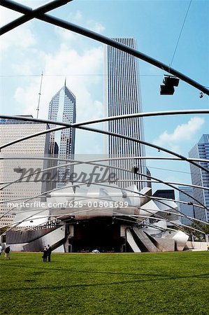 Low angle view of a group of people standing on the lawn, Jay Pritzker Pavilion, Chicago, Illinois, USA