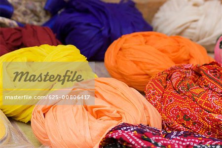 High angle view of multi colored turbans, Jaisalmer, Rajasthan, India