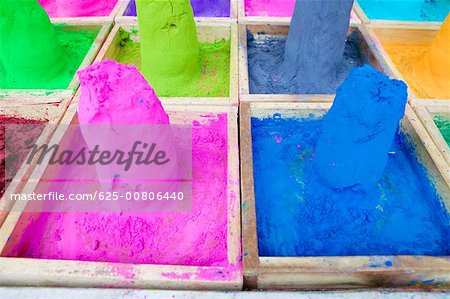 Close-up of mounds of colored powder used for Hindu rituals, Pushkar, Rajasthan, India