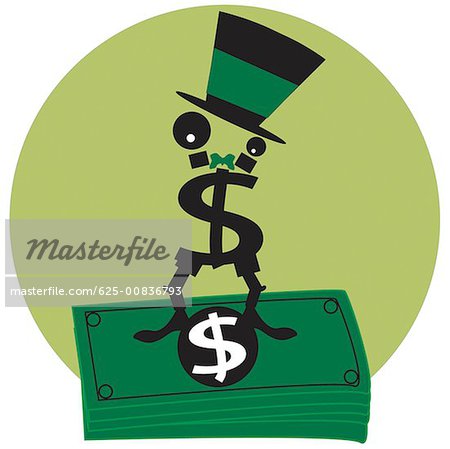 Dollar symbol wearing a top hat standing on top of a stack of American dollar bills