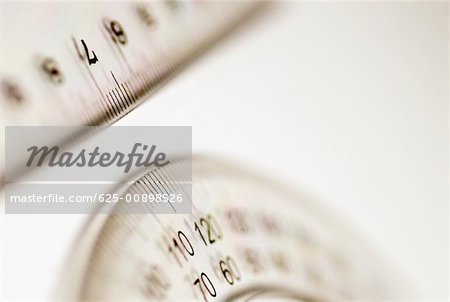 Close-up of a protractor and a ruler