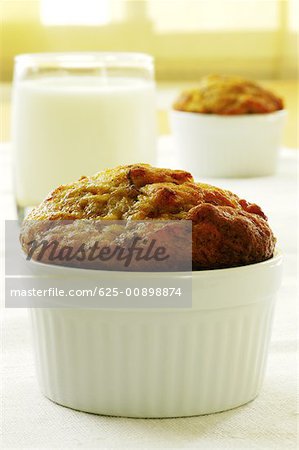 Close-up of a muffin and a glass of milk