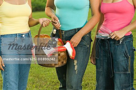 Vue en coupe milieu de trois femmes debout ensemble tenant un panier de pique-nique