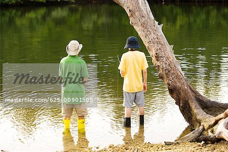Rear view of two boys fishing in a lake