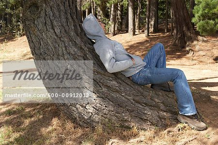 Homme étendu sur l'arbre