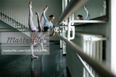 Female ballet dancers doing exercising at a ballet bare