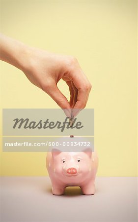 Die Hand Person setzen Coin in Piggy Bank