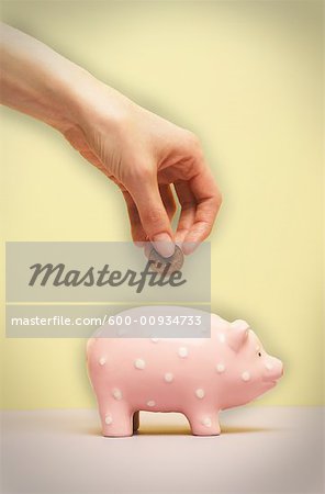 Person's Hand Putting Coin in Piggy Bank