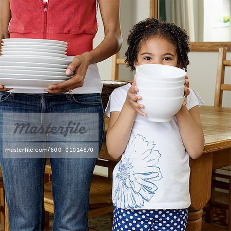 Mother and Daughter Holding Dishes