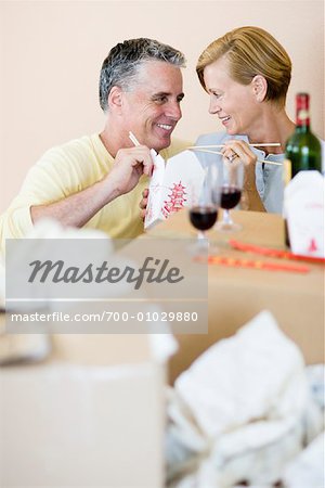 Couple in New Home, Eating Chinese Food