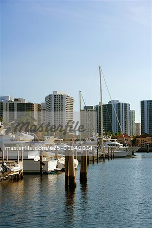 Boats moored at a dock, Miami, Florida, USA