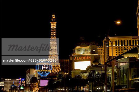 Low angle view of a tower lit up at night, Las Vegas, Nevada, USA