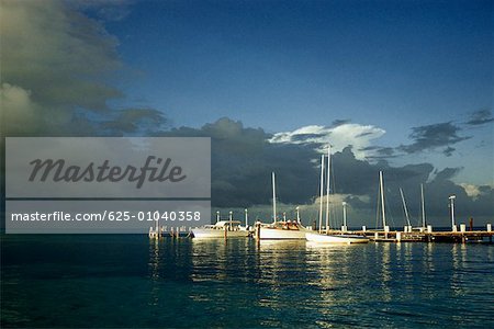 Vue panoramique de bateaux ancrés à un port de plaisance au coucher du soleil, Grand Bahamas Bahamas