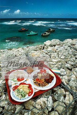 Food being served on plates kept on a dyke, Barbados