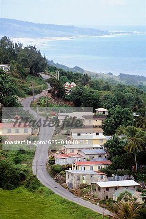 High angle view of a road amid the houses along the East Coast of Barbados, Caribbean